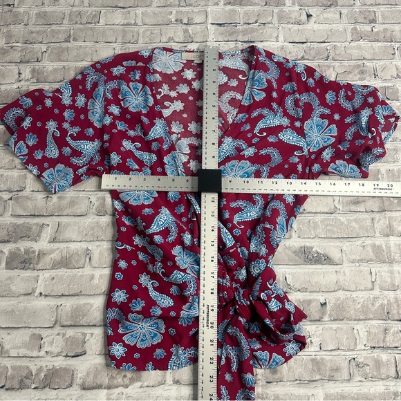 EUC LOFT Burgundy and Blue Floral Wrap Blouse Size Small - Picture 12 of 16